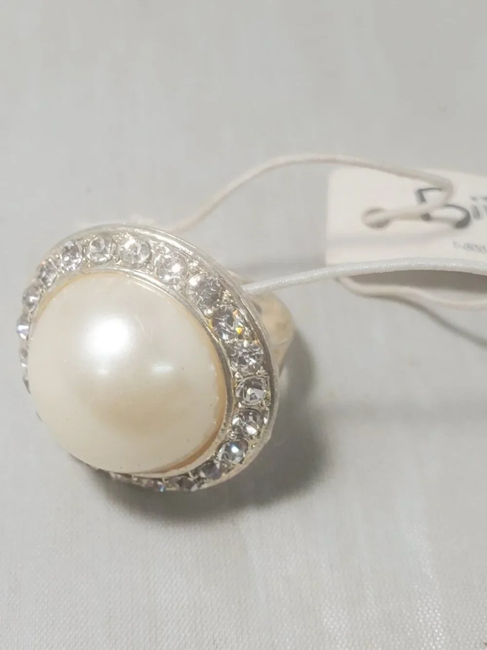 Bijou Faux Pearl & Rhinestone Cocktail Ring – Adjustable Size